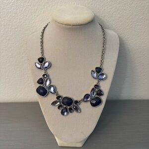 Elegant Blue Amethyst Tone Crystal Statement Necklace Silver Tone